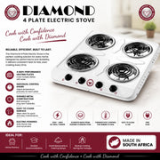 Diamond Brand 4 plate electric stove with 4000W power, thermostatic controls and stainless steel heating elements