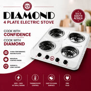 White Diamond Brand four plate electric stove for home kitchens, student accommodation and catering