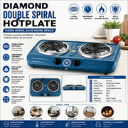 Diamond Brand blue double spiral hotplate showing two spiral plates, independent controls and compact metal body