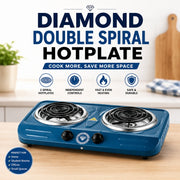 Blue Diamond Brand double spiral hotplate on a kitchen counter with two hotplates for indoor cooking