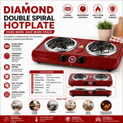 Diamond Double Spiral Hotplate - Red 2-Plate Electric Cooker