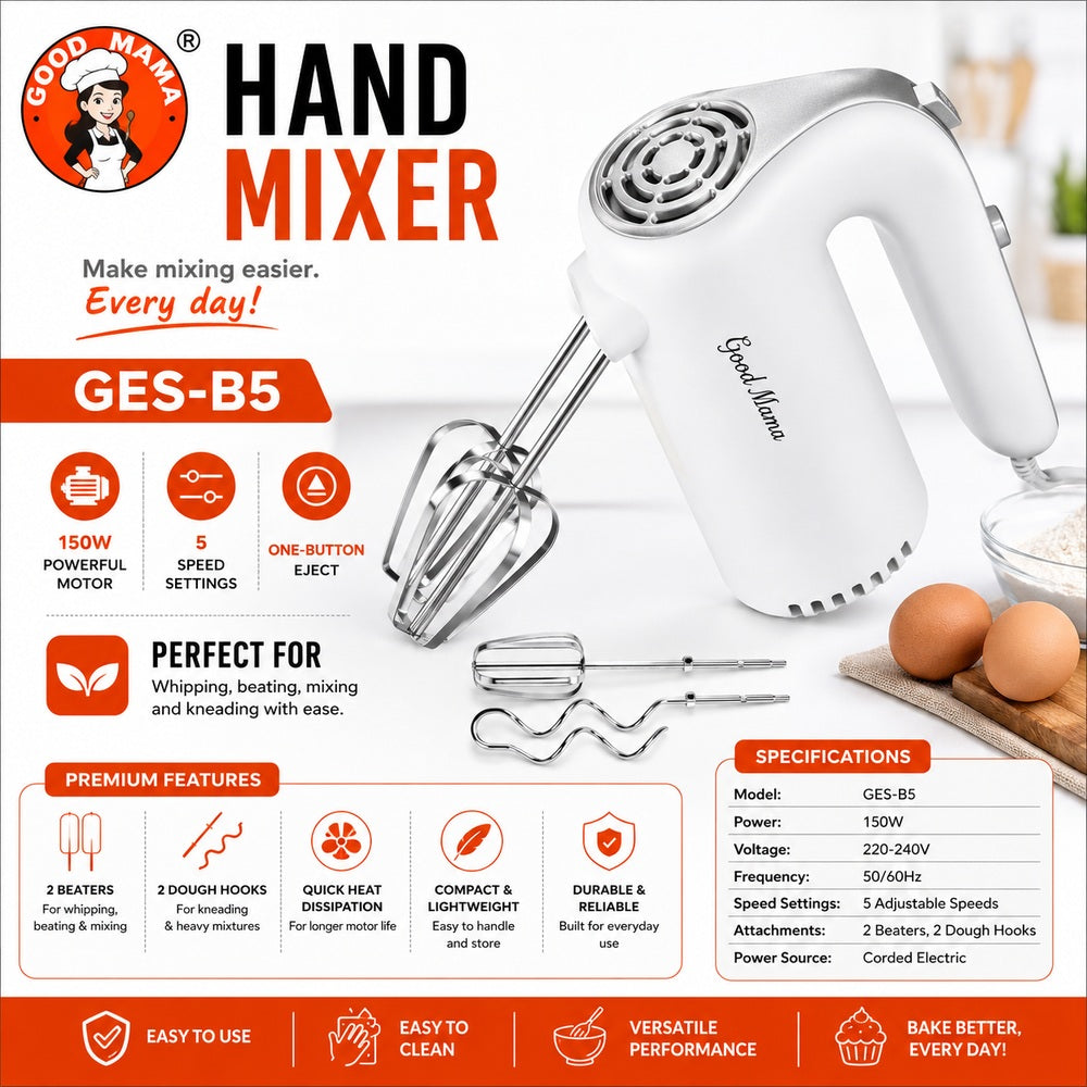 Good Mama GES-B5 150W Hand Mixer with Beaters & Dough Hooks