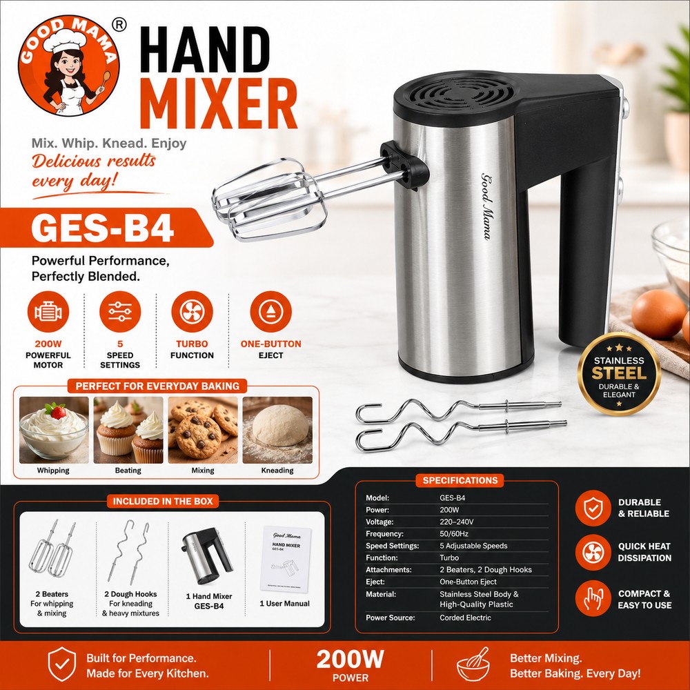 Good Mama GES-B4 200W Hand Mixer with Beaters & Dough Hooks