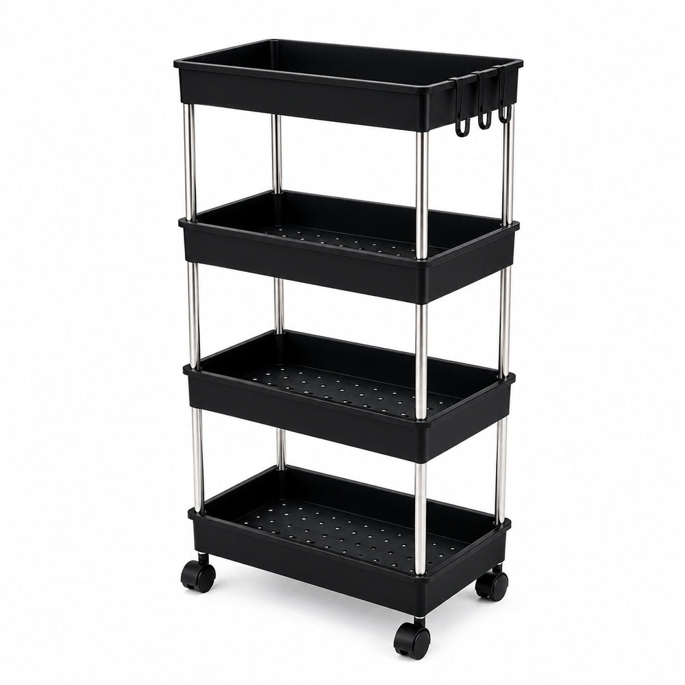 4-Tier Rolling Storage Shelf with Hooks | Black