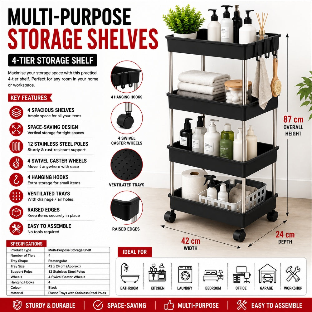 4-Tier Rolling Storage Shelf with Hooks | Black