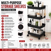 4-Tier Rolling Storage Shelf with Hooks | Black