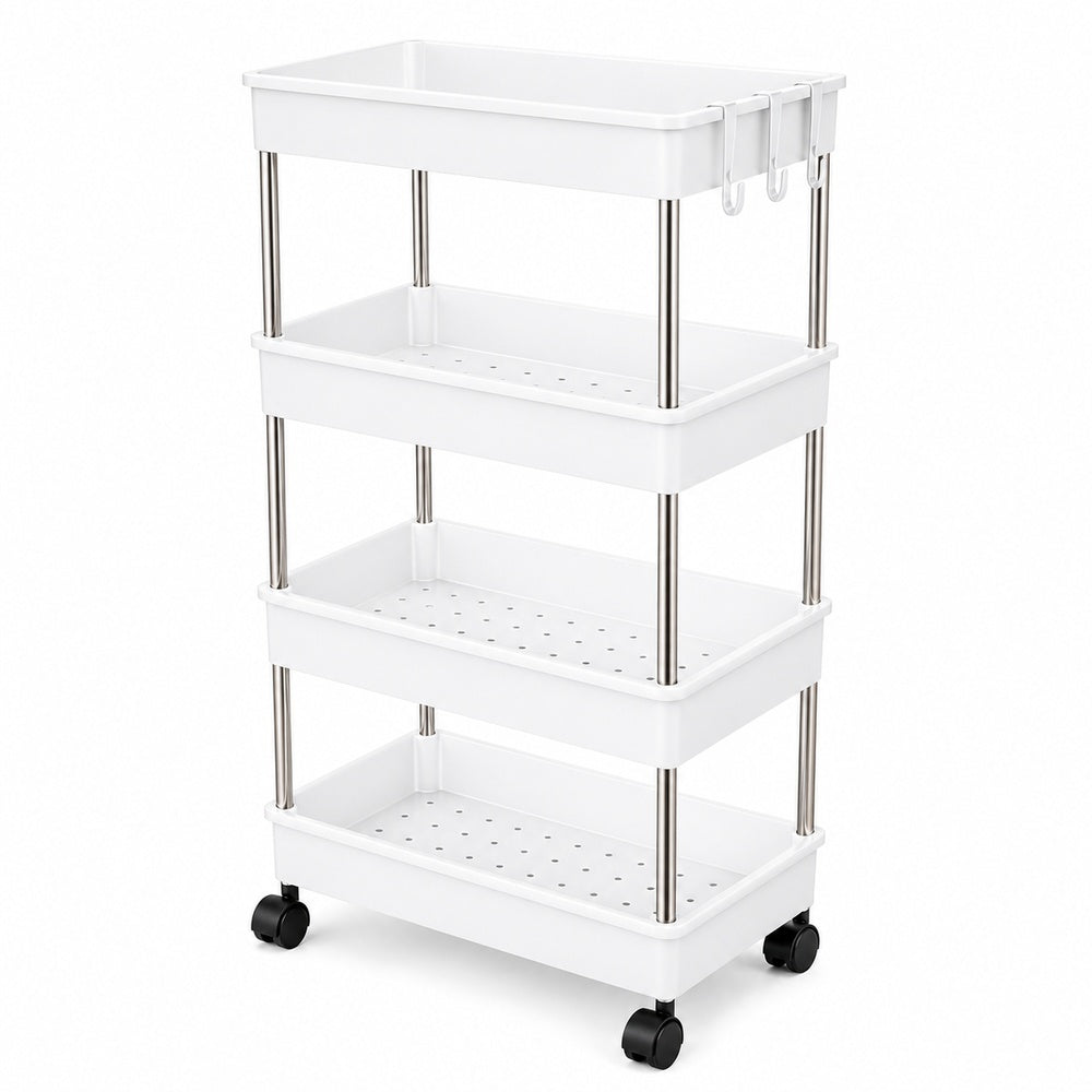 4-Tier Rolling Storage Shelf with Hooks | White