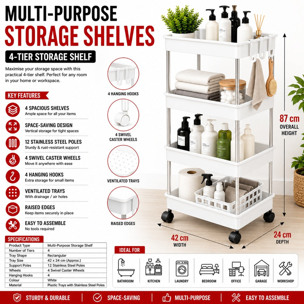 4-Tier Rolling Storage Shelf with Hooks | White