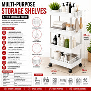 4-Tier Rolling Storage Shelf with Hooks | White