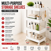 4-Tier Rolling Storage Shelf with Hooks | White