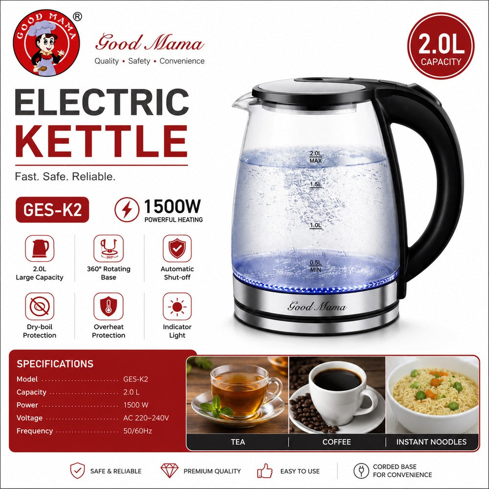 Good Mama GES-K2 2L Glass Electric Kettle - 1500W