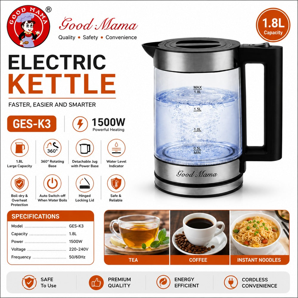 Good Mama GES-K3 1.8L Glass Electric Kettle - 1500W