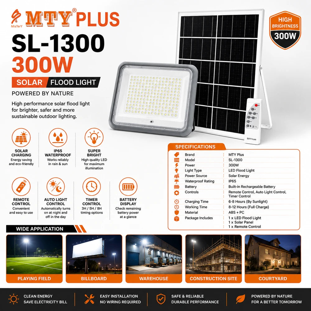 MTY Plus SL-1300 300W Solar LED Flood Light