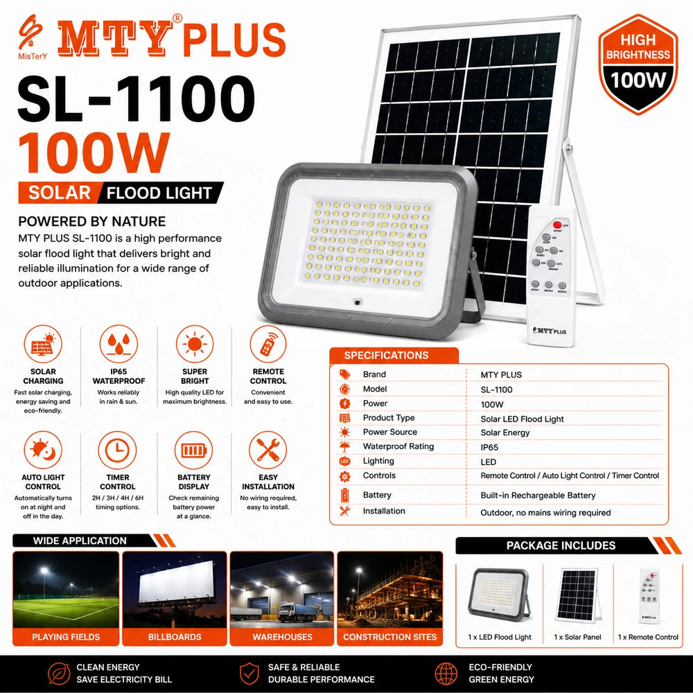 MTY Plus SL-1100 100W Solar LED Flood Light